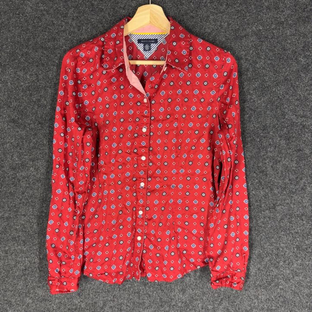 Tommy Hilfiger Shirt Women M Medium Geometric Button Up Collared Long Sleeve